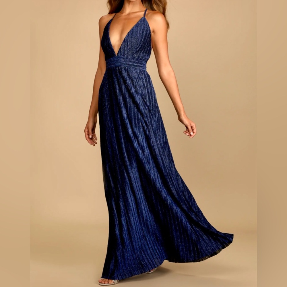 Lulus Magical Looks Pleated Maxi Dress Women’s Size XS Navy Blue Sparkly Gown